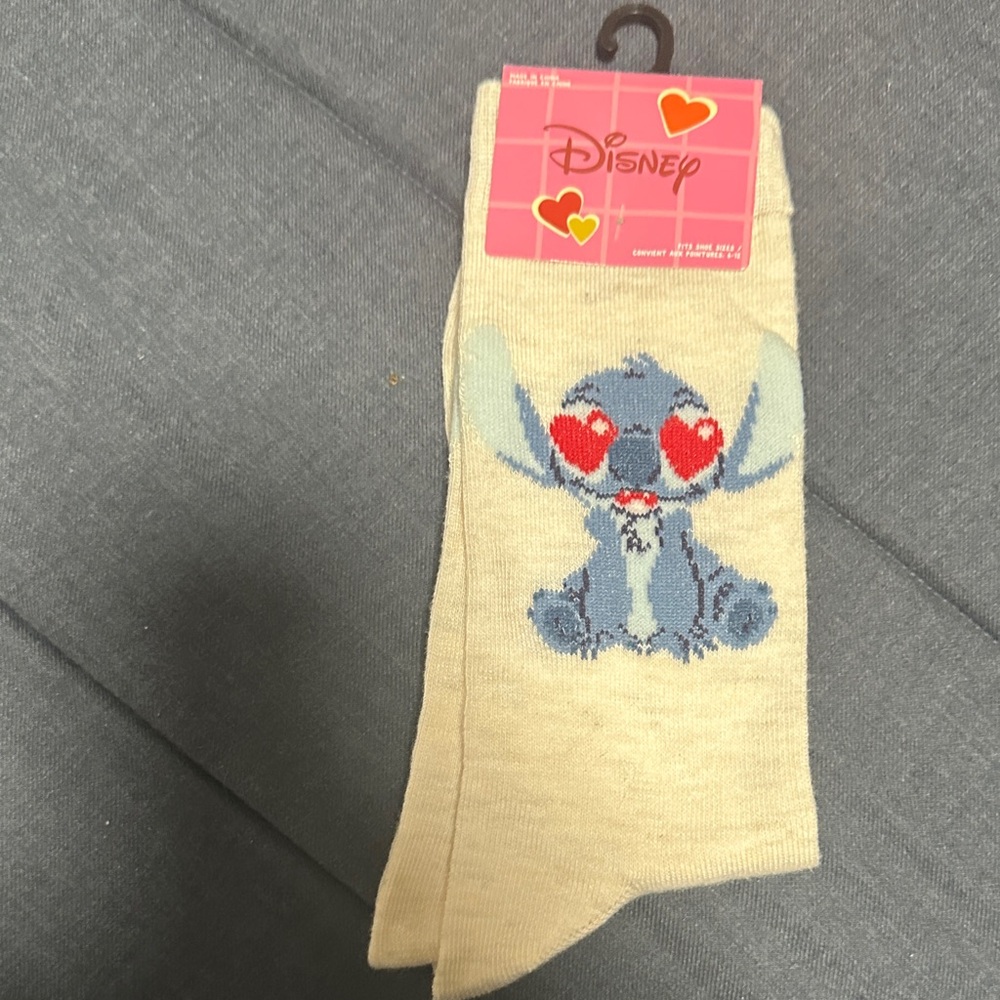 Disney Cream Socks with Blue Stitch and Red Hearts